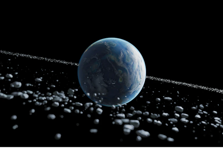 Illustration showing Earth surrounded by a ring of rubble.