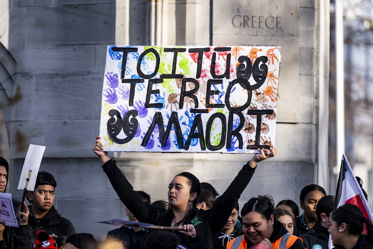 A protester holds a Toitū Te Reo Māori sign during a hikoi in Christchurch, New Zealand