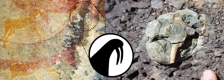 Rock painting, drawing of a detail, photo of fossil skull