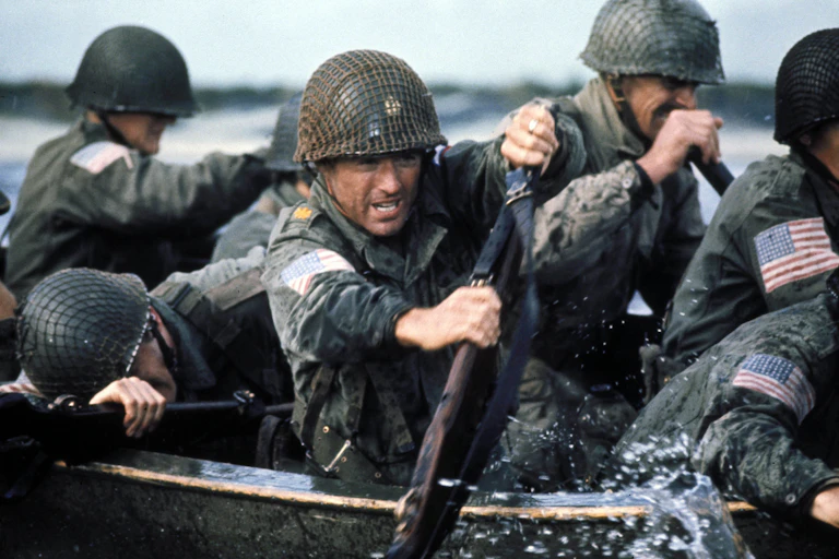 Robert Redford in military uniform rowing a boat