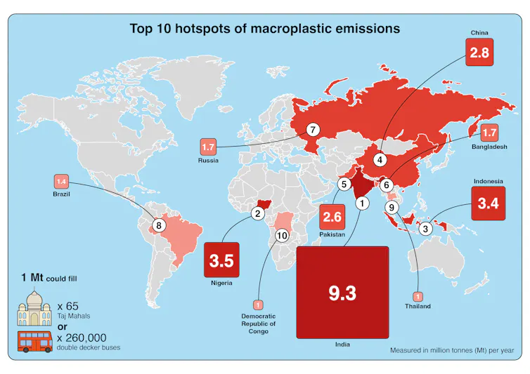 world map with red hospots indiciating highest levels of macroplastic pollution