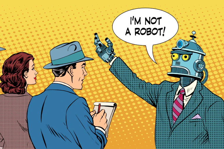Un dessin d'un robot s'adressant à des humais en leur disant : "Je ne suis pas un robot."