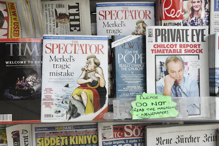 A magazine stand from 2015 with an edition of the Spectator among other titles