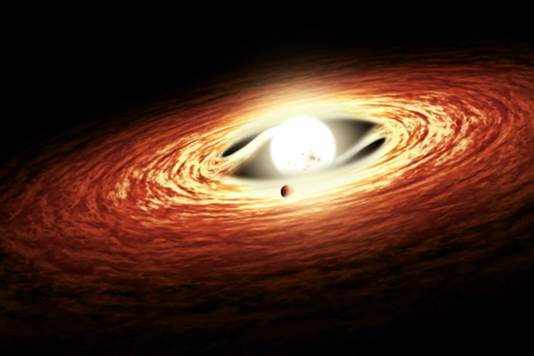 Vue d'artiste : une étoile autour de laquelle orbite une planète prise dans un nuage de gaz et de poussière.