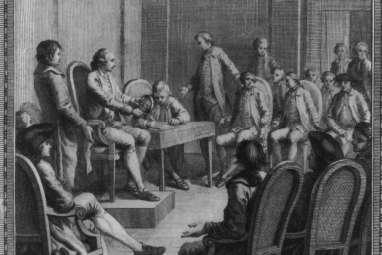 An engraving showing a gathering of men in a large room.