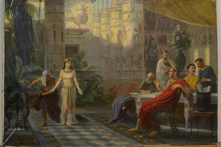 A painting shows young Cleopatra approaching Caesar