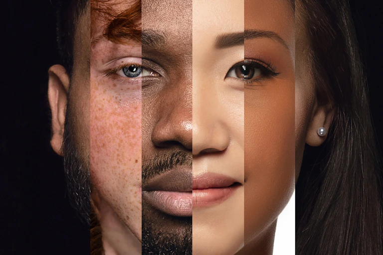 An illustration of a human face, burt sliced together as a montage of sections of multiple faces, male and female with varying skin tones.