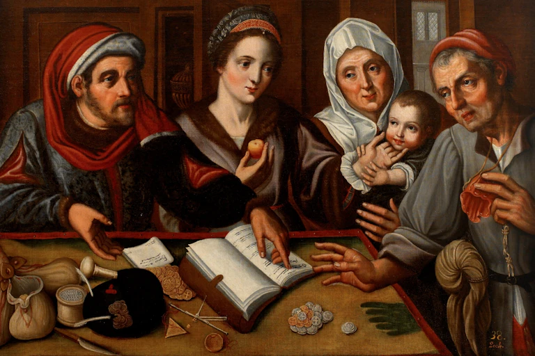 Pintura de varios personajes negociando ante una mesa con monedas, libros de cuentas y bienes.