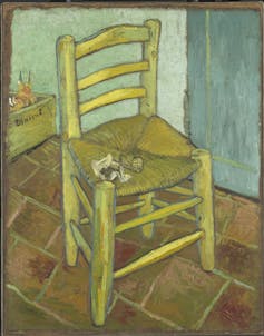 A painting of a yellow chair with a woven rush matting seat by Vincent Van Gogh.