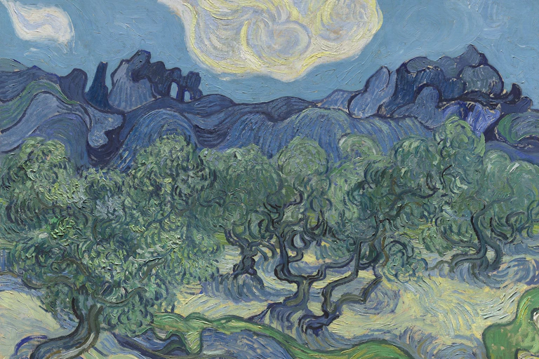 A swirly view of mountains, clouds and olive trees in denim blues and sage greens by Vincent Van Gogh.