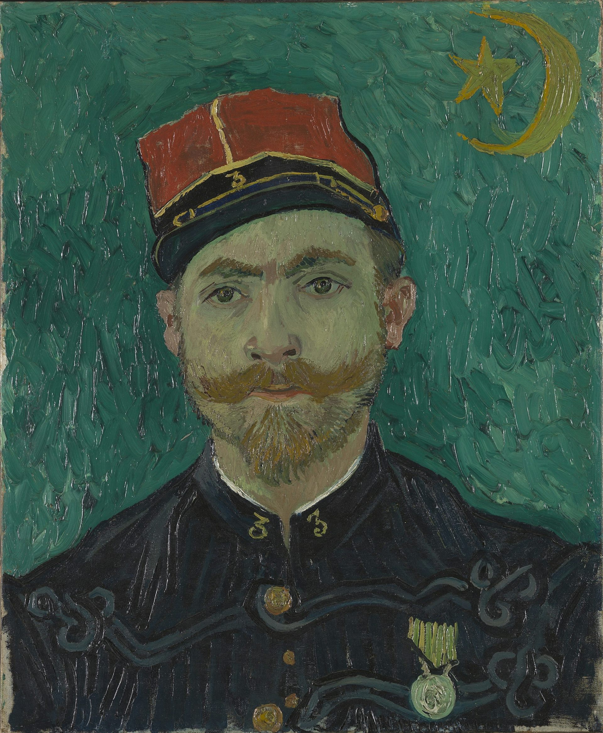 A portrait of a young soldier with a vivid red cap and jade background by Vincent Van Gogh.