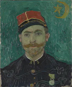 A portrait of a young soldier with a vivid red cap and jade background by Vincent Van Gogh.
