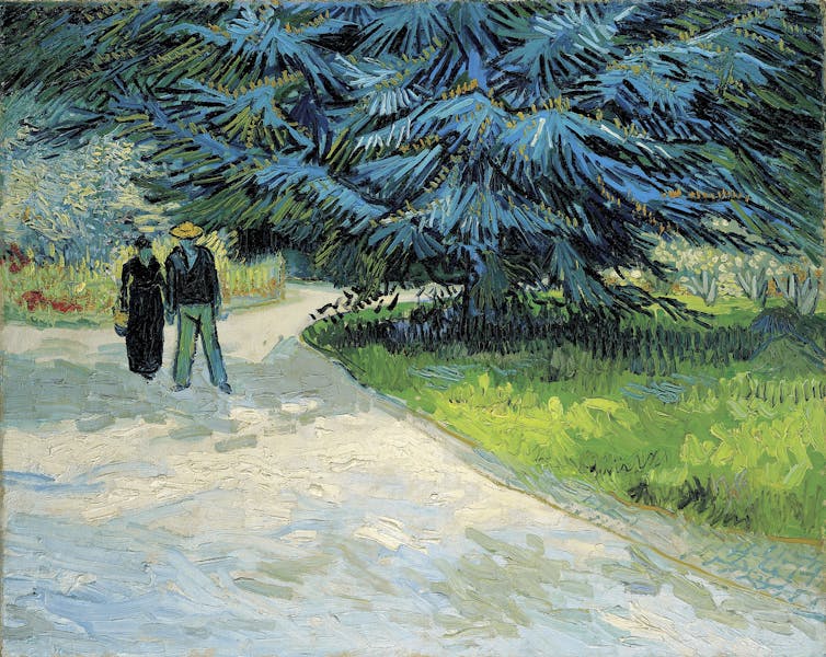 A beautiful public park with silvery blue-green pine tree and a couple walking beneath by Vincent Van Gogh.