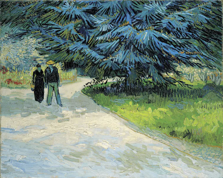 A beautiful public park with silvery blue-green pine tree and a couple walking beneath by Vincent Van Gogh.