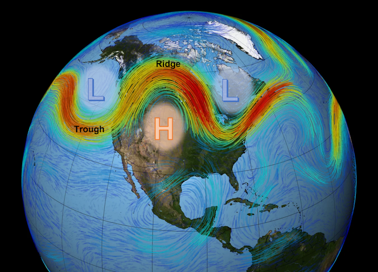 An illustration shows how ridges create high pressure to the south of them and troughs create low pressure to the north of them.