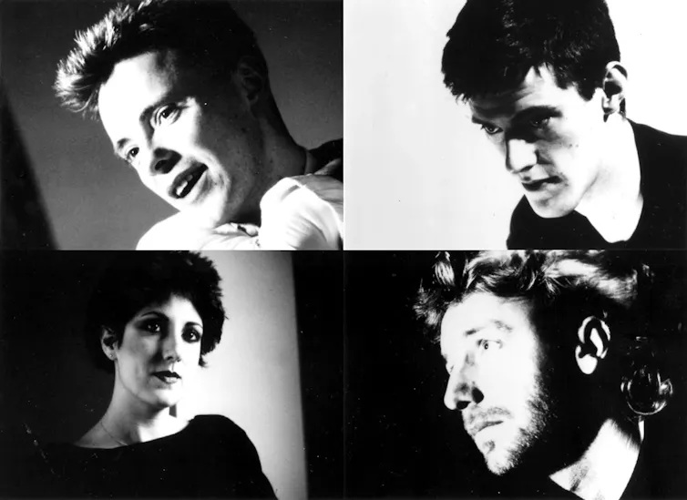 Black and white images of Bernard Sumner, Stephen Morris, Peter Hook and Gillian Gilbert.