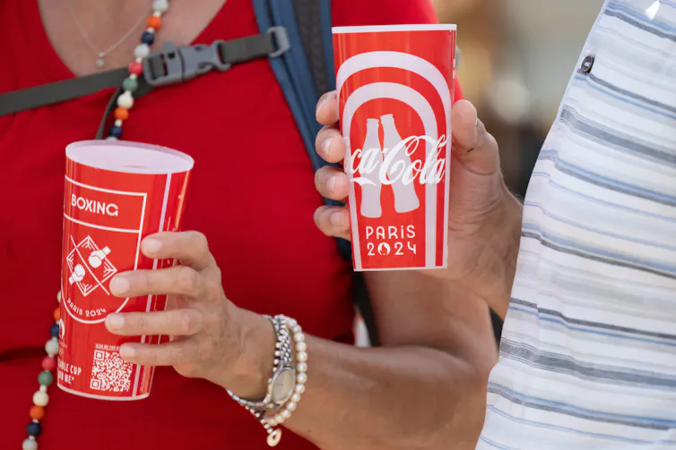 red plastic cups showing Paris 2024 Olympic branding