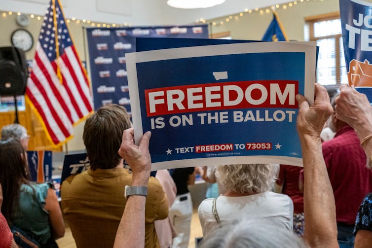 People stand inside a room with an American flag and hands are seen holding up a sign that says 'Freedom is on the ballot.'