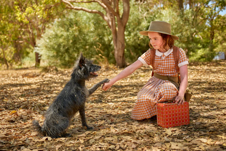 A girl shakes hands with a dog