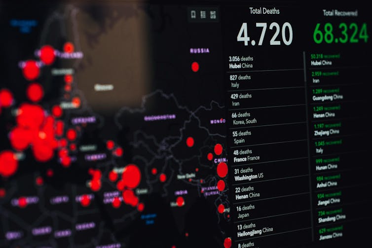 Coronavirus statistics on a screen.