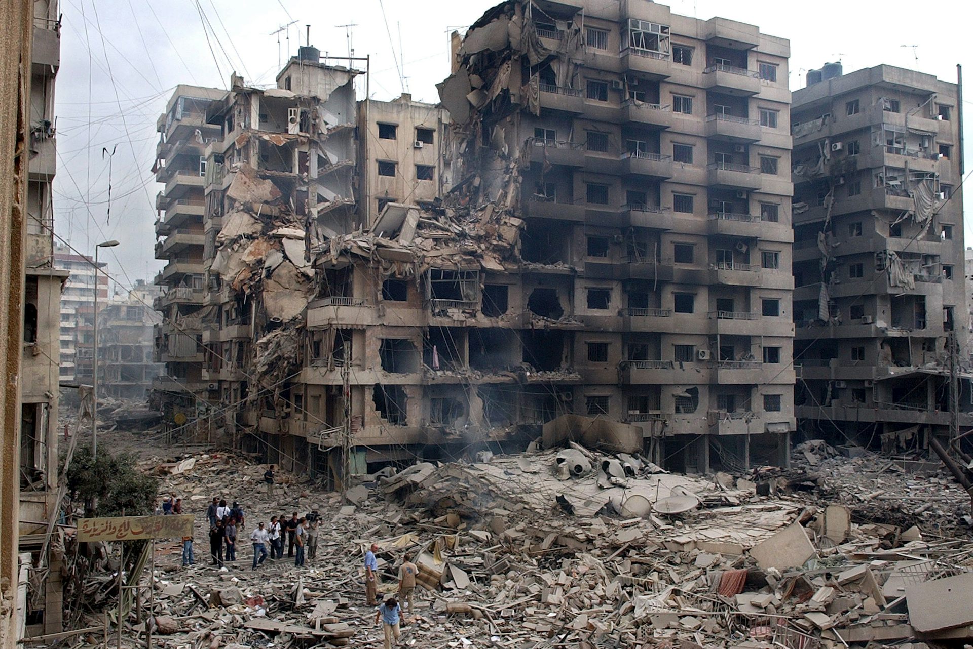 Shells of buildings in Lebanon after Israeli strikes.