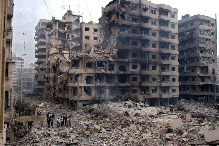Shells of buildings in Lebanon after Israeli strikes.