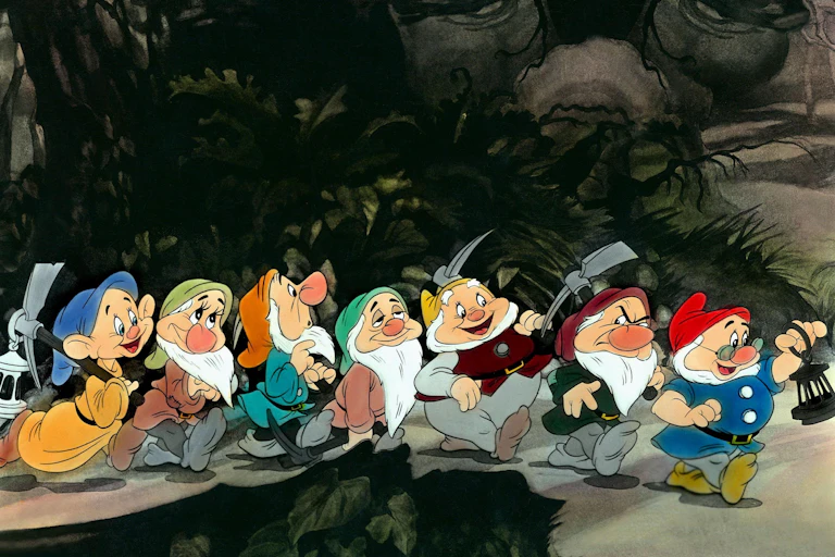 the 'seven dwarfs' characters crossing a bridge