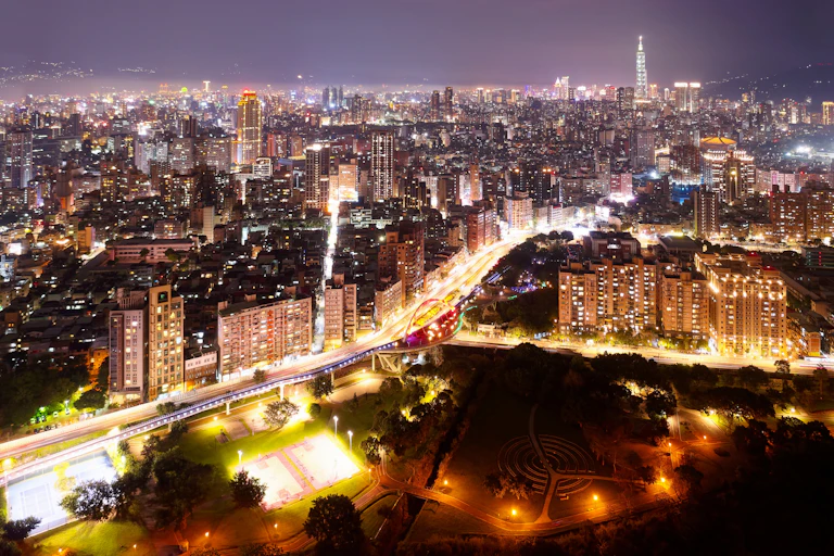 A brightly lit city at night.