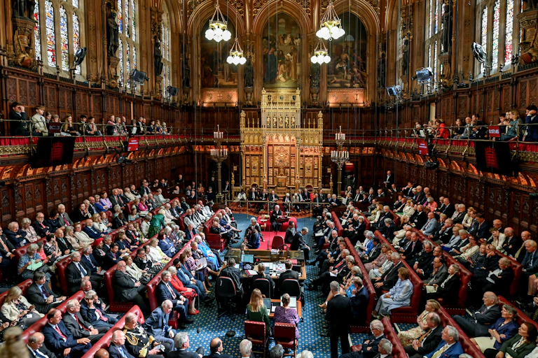 A view of the inside of the House of Lords chamber.