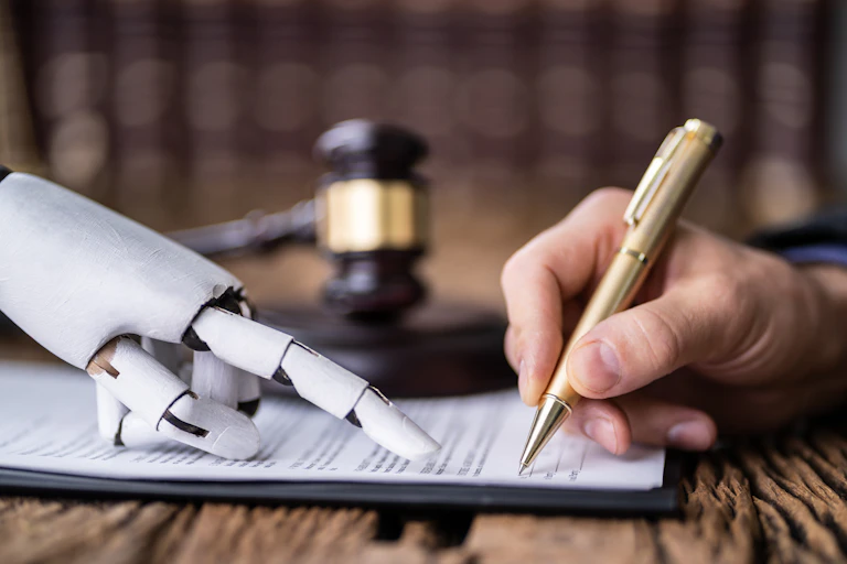 Une main robotique pointe un endroit sur un document juridique, où une main humaine écrit.