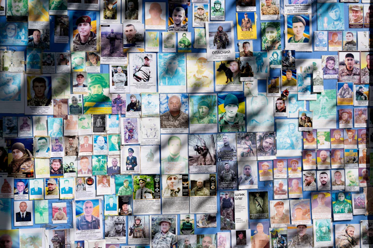 A montage with pictures and photographs of some of the casualties of the Ukraine conflict.