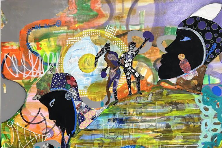 Colorful mixed-media painting with traditional figures and abstract designs