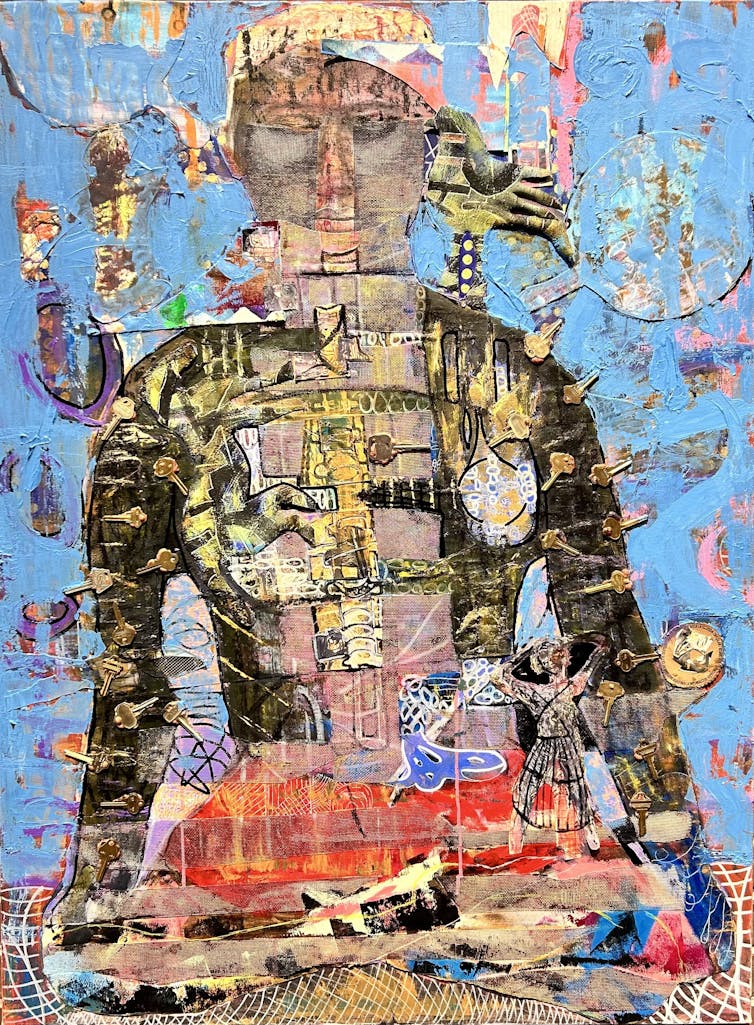Colorful painting showing figure sitting cross-legged with eyes closed with metal keys glued on its arms and torso