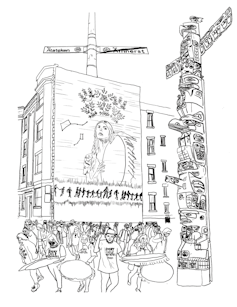 Drawing depicting various people in front of a large poster next to an indigenous totem pole