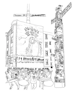 Drawing depicting various people in front of a large poster next to an indigenous totem pole