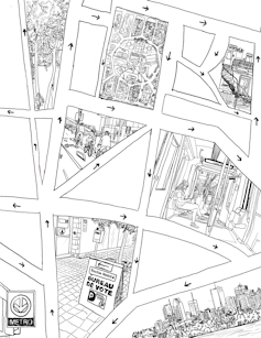 Various boxes representing urban locations are interconnected by a network of roads