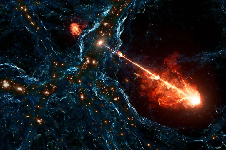 A glowing orange and white beam shooting through a teal nebula.