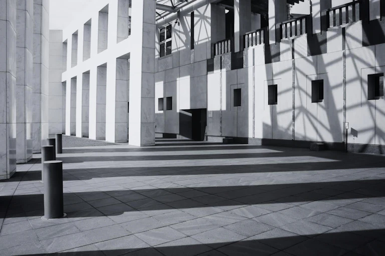 Black and white view of the exterior of Parliament House