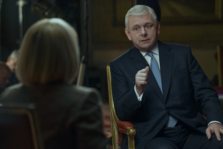 Michael Sheen as Prince Andrew during the interview.