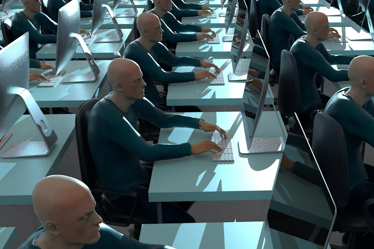 Conceptual image of thousands of clones typing in a disinformation factory.