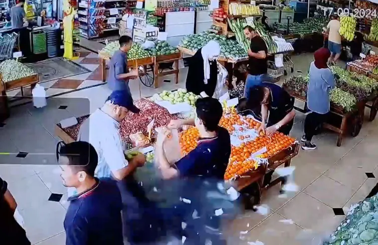 Still from CCTV footage showing an explosion in a fruit and vegetable shop in Beirut, Lebanon, September 17 2024.