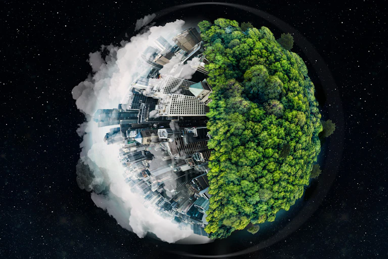 Ilustração do planeta sendo coberto de fumaça ou de árvores.