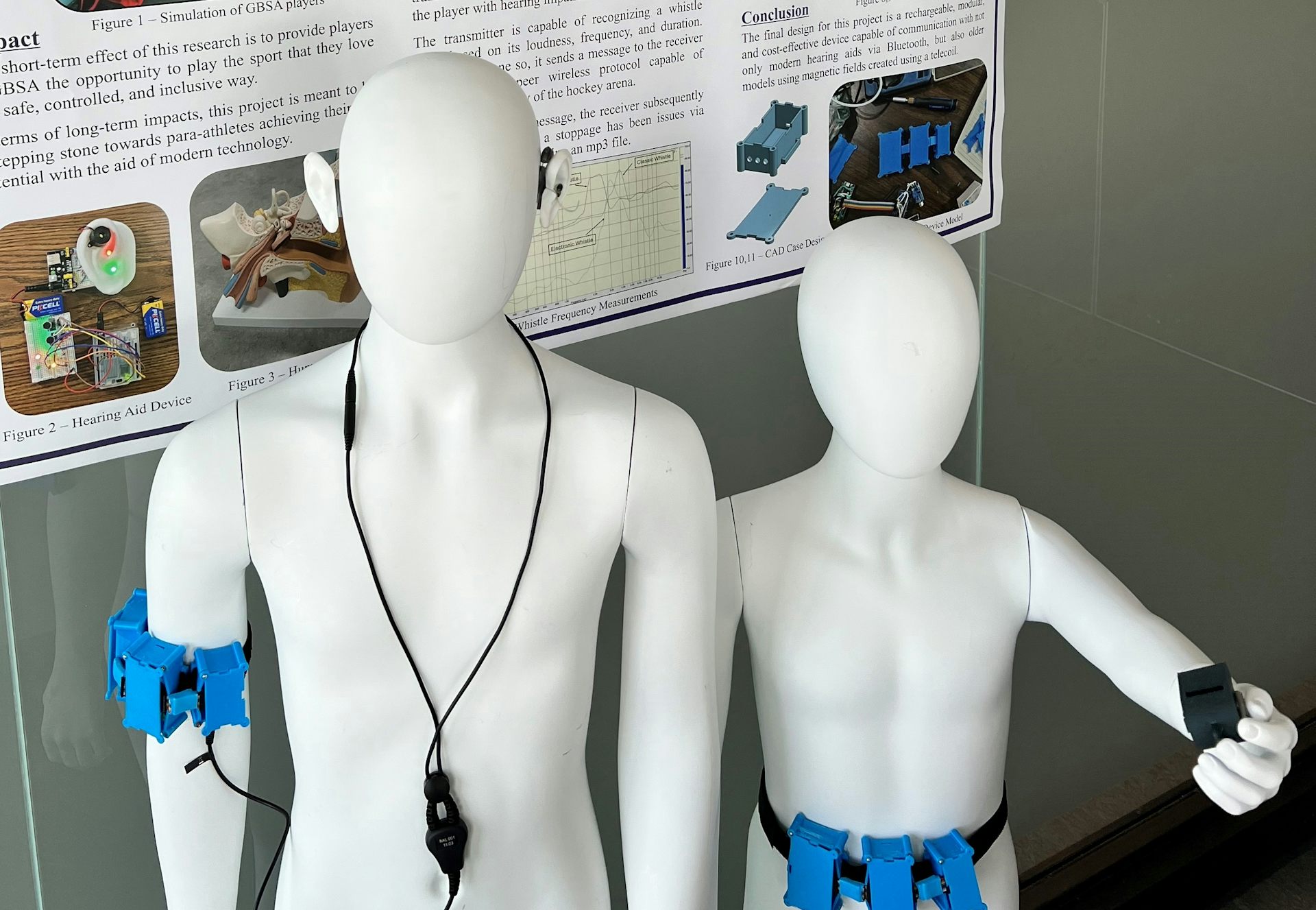 Two mannequins with devices on their bodies, with parts on the arm and ear.
