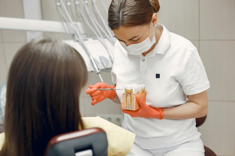 Dental therapist educates patient