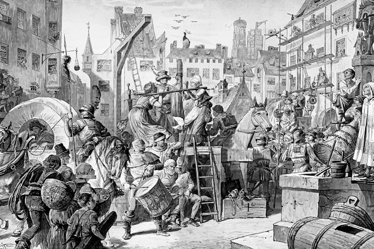 A historical black and white illustration featuring a bustling town square with soldiers, wagons and in the centre two women with stocks around their necks on a raised platform.