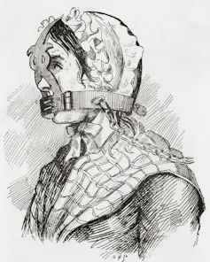A black and white historical illustration of a woman in a cap and shawl with a metal muzzle fitted over her head and around her mouth so that she cannot talk.