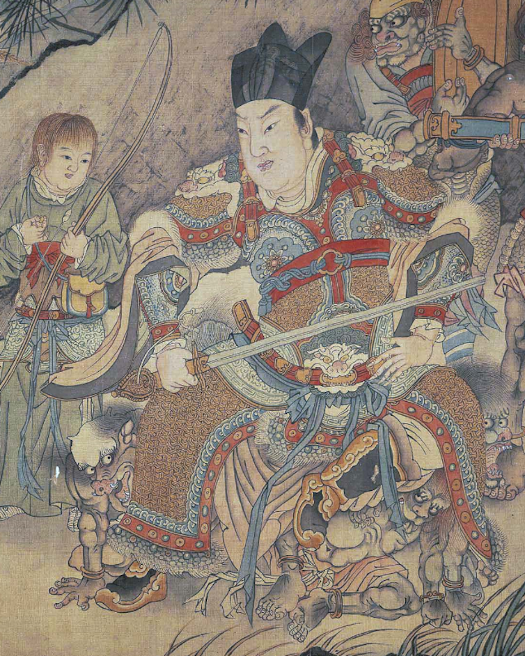 A scrolls showing a deity in a black head dress and colorful clothes holding a sword while some demon-like figures look on.
