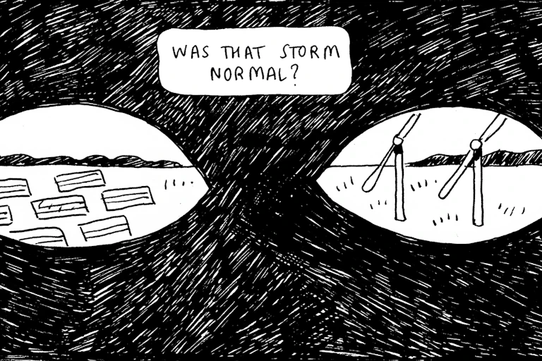 black and white illustration showing solar panels and wind turbines, words saying 'was that storm normal'