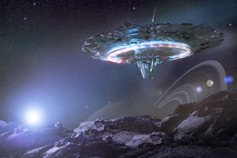 A gigantic spaceship hovers over the rocky terrain of a moon near a ringed planet.