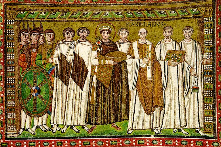 The person to the right of the haloed emperor is thought to be the eunuch Narses, a powerful Byzantium general.
